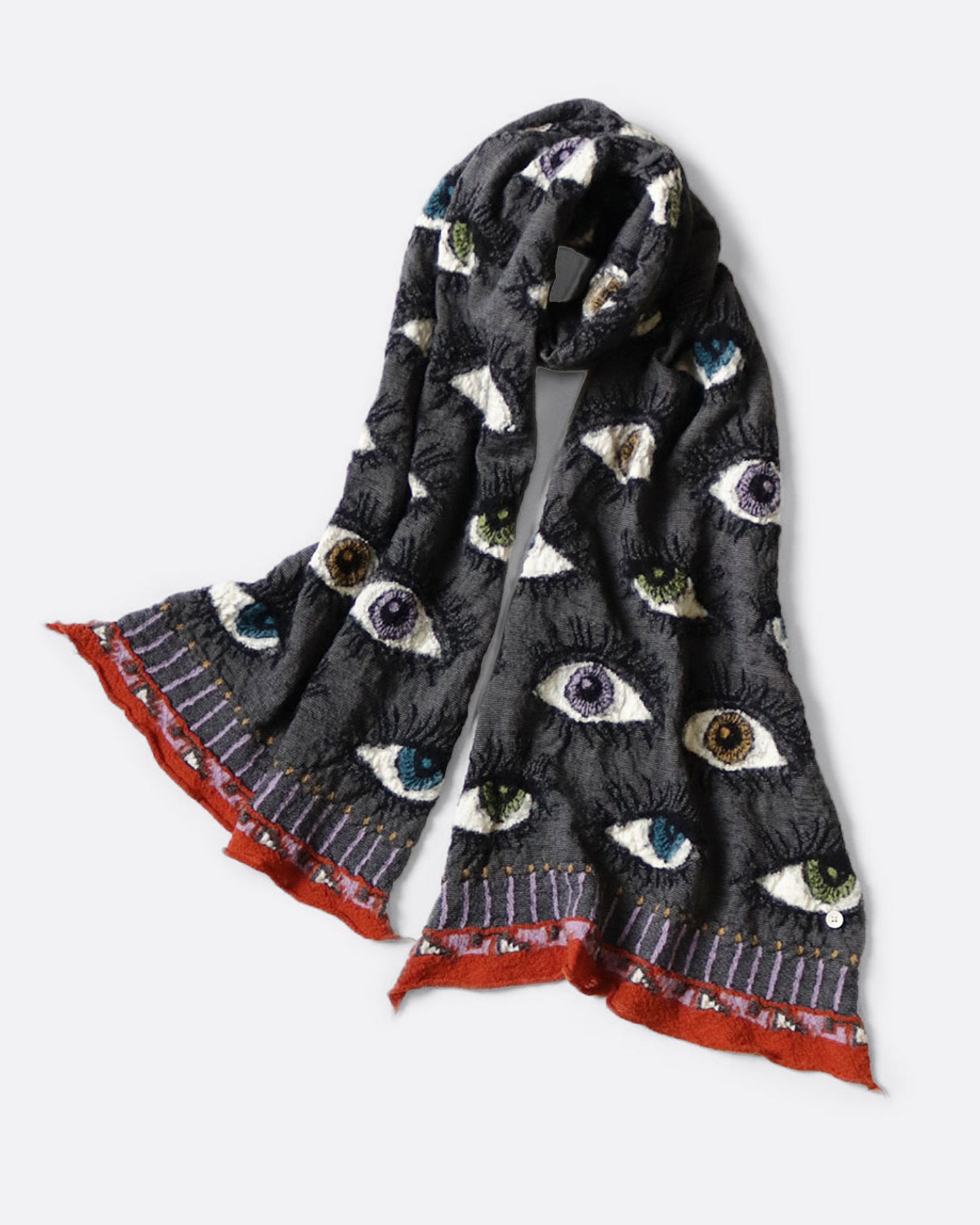 A charcoal gray compressed wool scarf with an all- over eye pattern, shown wrapped with one loop in the middle.