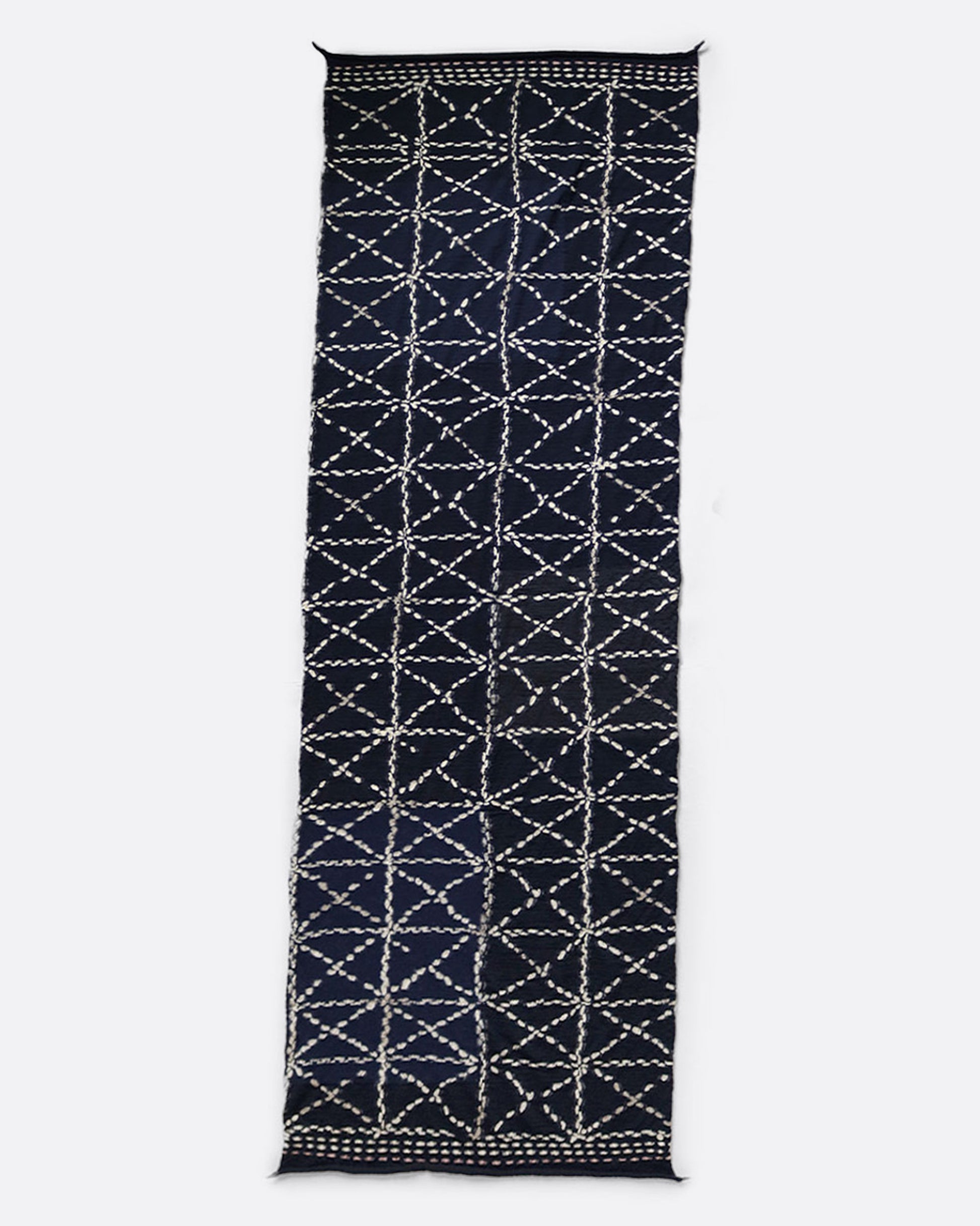 A compressed wool scarf with a pattern mimicking the straight stitches of traditional Japanese sashiko, shown open lying flat.