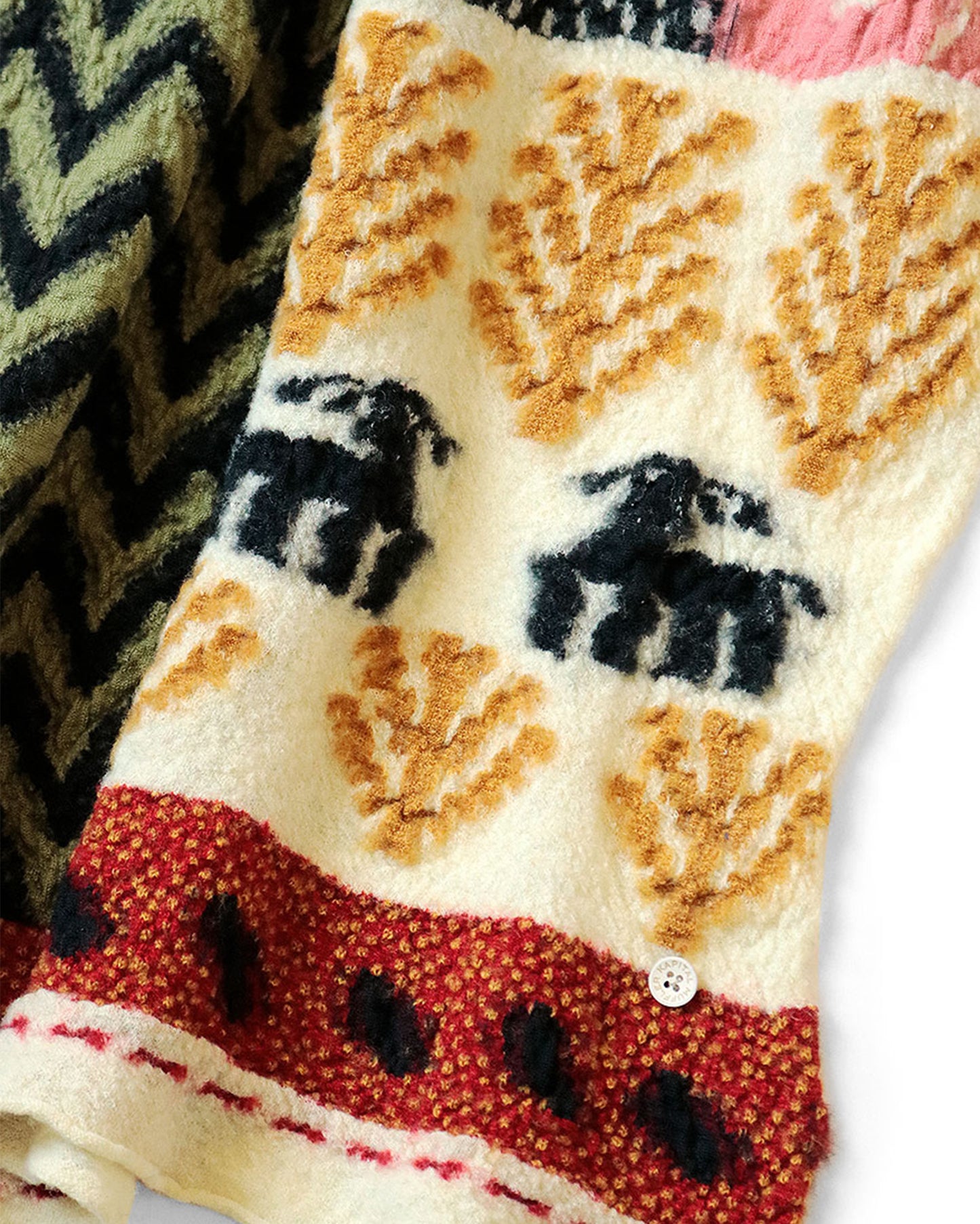 Inspired by different patterns found in gabbeh carpets, this time in shades of green, red and mustard.