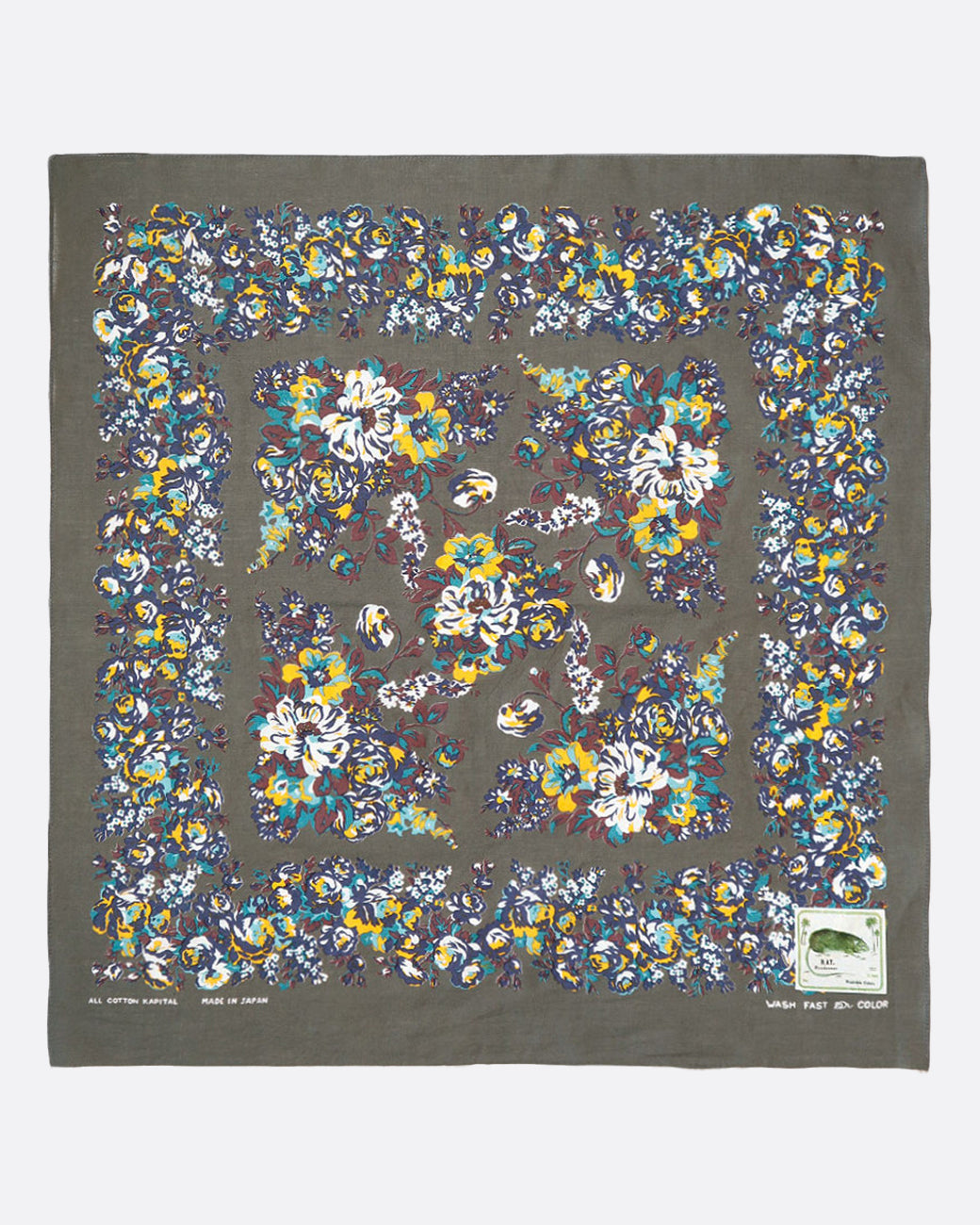 A deep khaki bandana with floral motif.