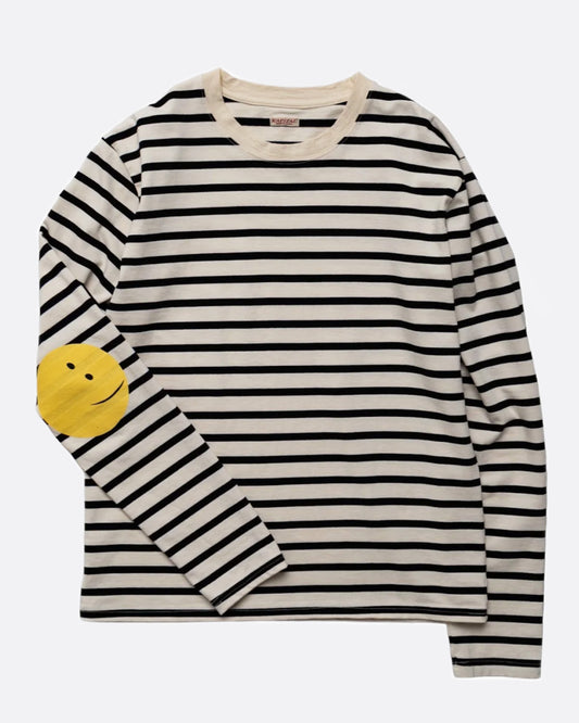 A black and cream striped, cotton, crewneck shirt with Kapital's fan favorite rainbow smiley elbow patches.