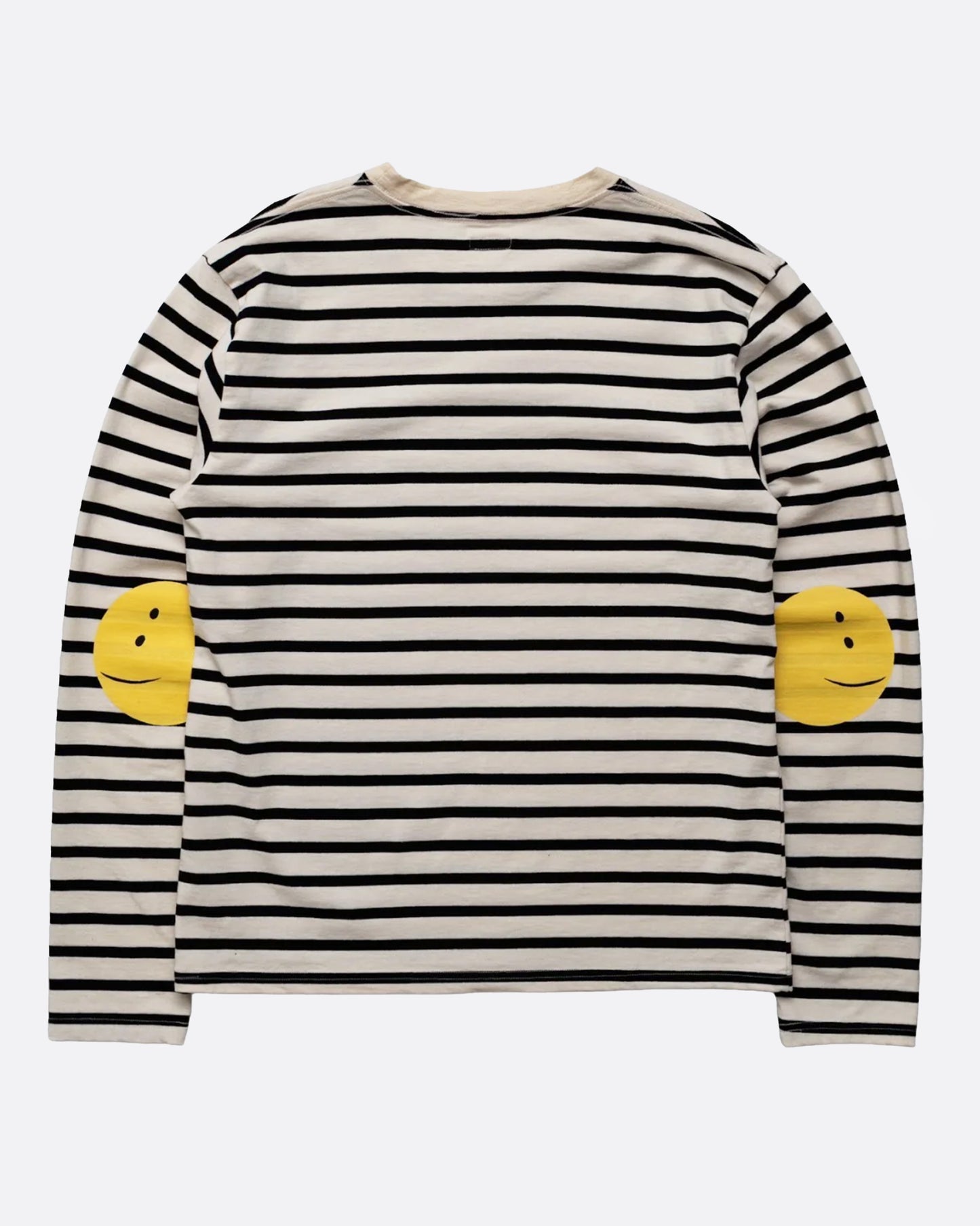 A black and cream striped, cotton, crewneck shirt with Kapital's fan favorite rainbow smiley elbow patches.