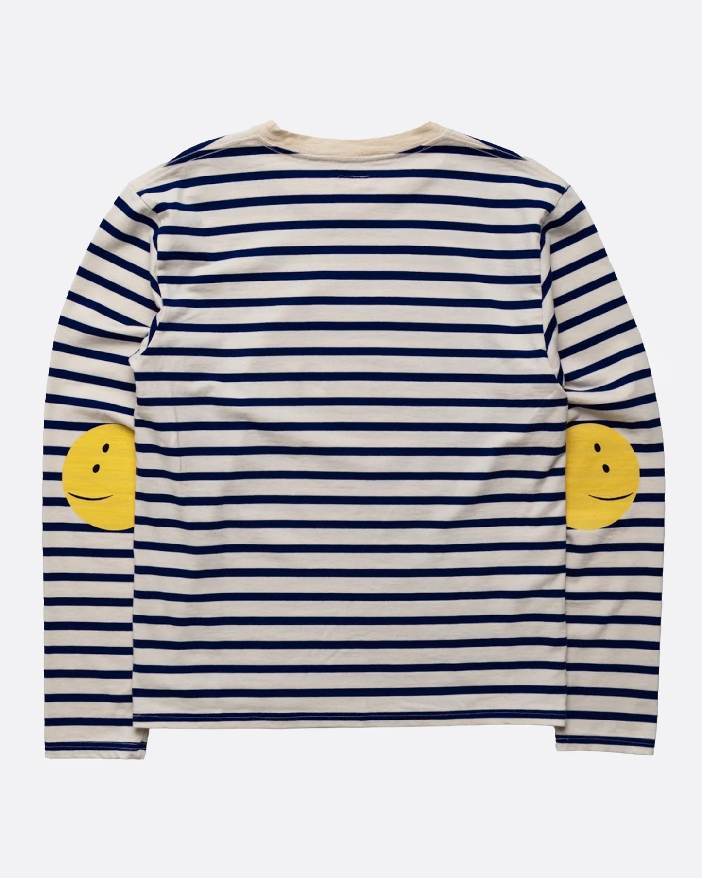 A blue and white striped, cotton, crewneck shirt with Kapital's fan favorite rainbow smiley elbow patches.