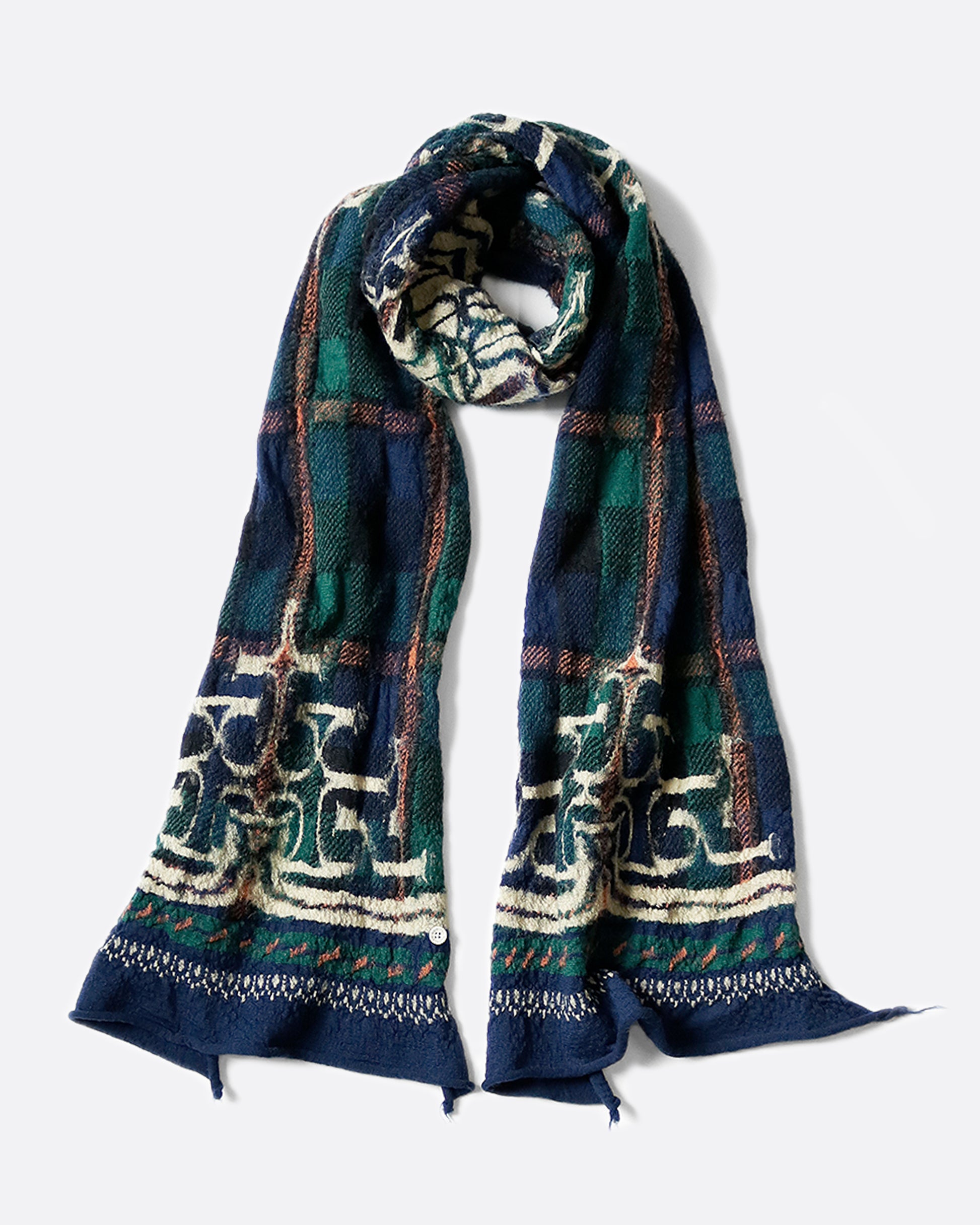 This scarf combines traditional Scottish tartan and Japanese Ainu patterns.