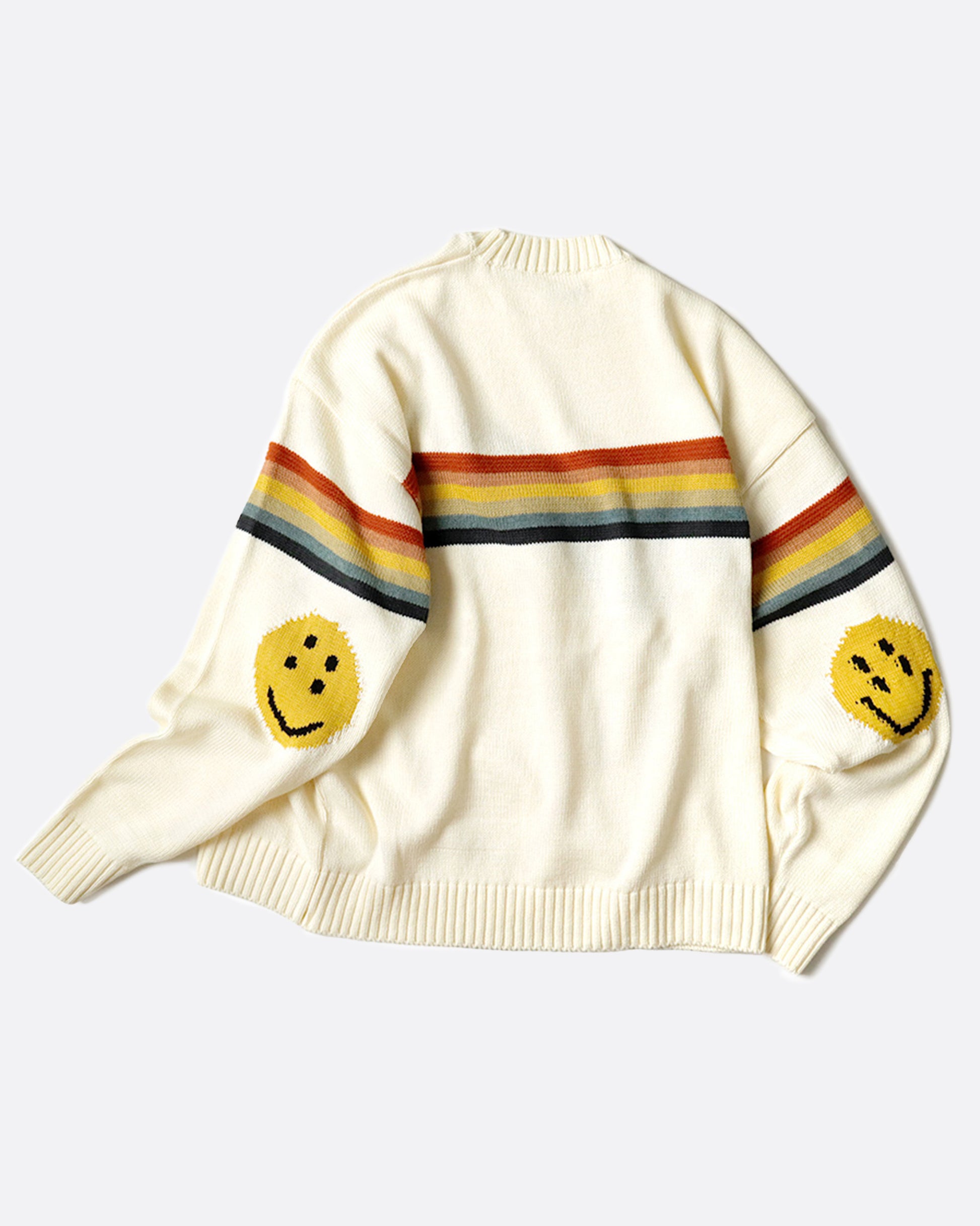 A 5g knit crewneck sweater with a rainbow stripe and smiley elbow patche