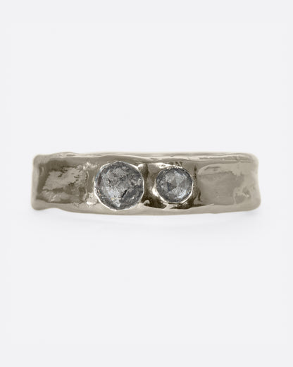 Karen Karch Together band in platinum, a weathered textured band set flush with two gray diamonds