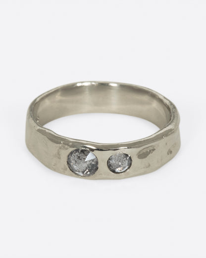 Platinum gray diamond band, front view of the two diamonds set side by side