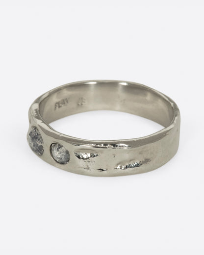 Platinum gray diamond band, angled view with the two diamonds facing left
