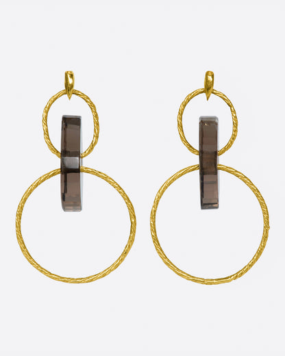 Kika Alvarenga Nora triple drop earrings in yellow gold, a smoky quartz disc linking two textured gold hoops