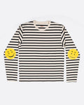 A black and white striped, cotton, crewneck shirt with Kapital's fan favorite rainbow smiley elbow patches.