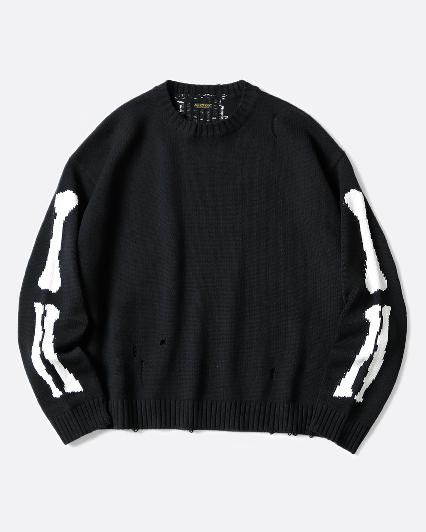 A distressed, black crewneck sweater with Kapital's beloved bone design on the back and sleeves.