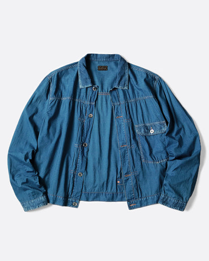 Kapital indigo gauze Kaya jacket, a cropped, loose denim-blue jacket with gathered pleats, buttons and a chest pocket