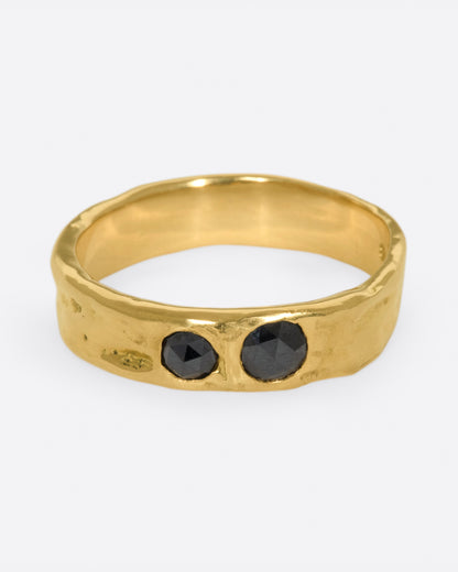 Yellow gold black diamond band, front view of the two black diamonds set side by side