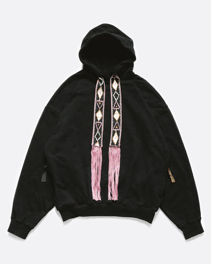 Black hooded sweatshirt with woven tassel drawstrings, front view of the hoodie
