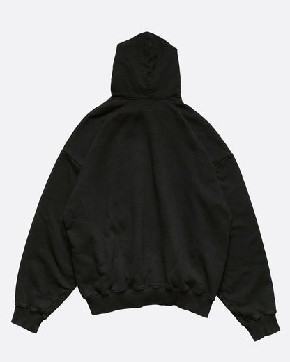 Black hooded sweatshirt with woven tassel drawstrings, back view of the hoodie