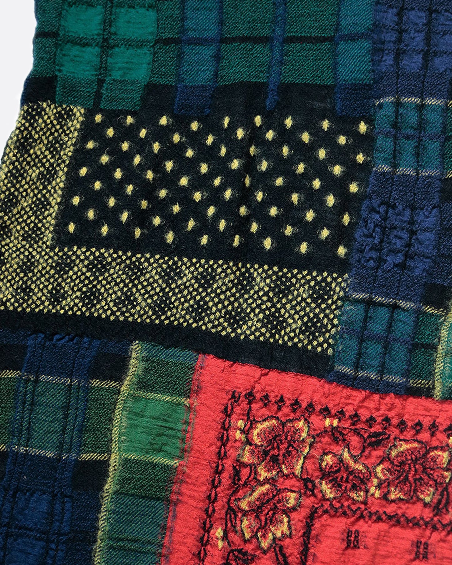 A fluffy wool patchwork scarf that combines different tartan checks and bandana patterns.