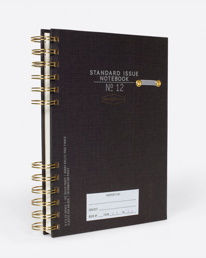 Designworks Standard Issue Notebook No. 12, a spiral-bound notebook with a black cover and gold binding