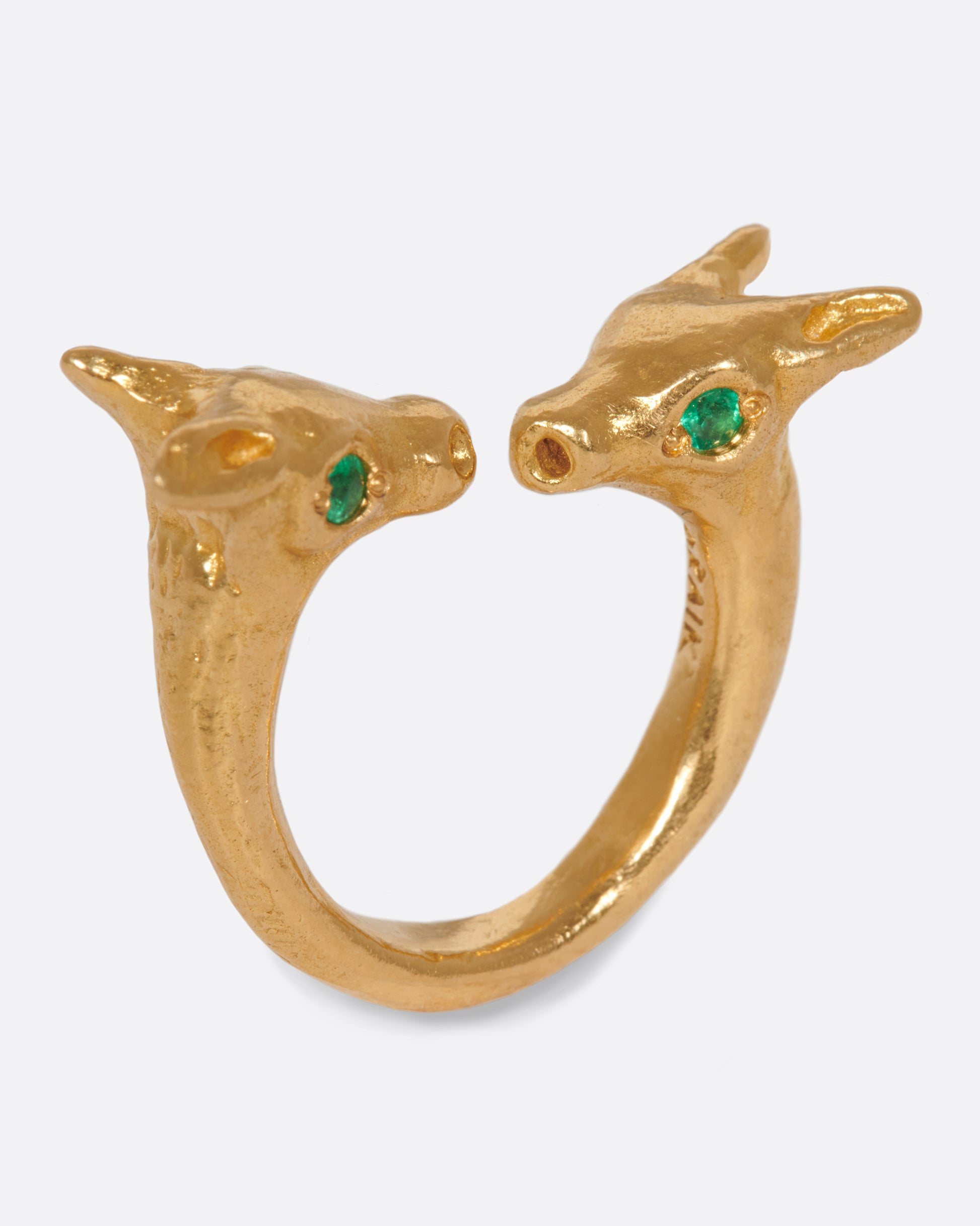 An open ring with two creatures facing one another, staring into bright emerald eyes.