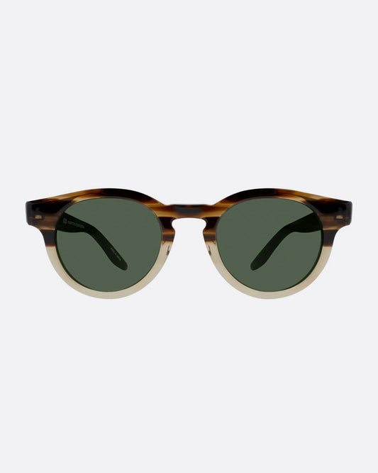 A round pair of sunglasses with frames that are brown on top and tan on the bottom. The lenses are dark green. Shown from the front.  