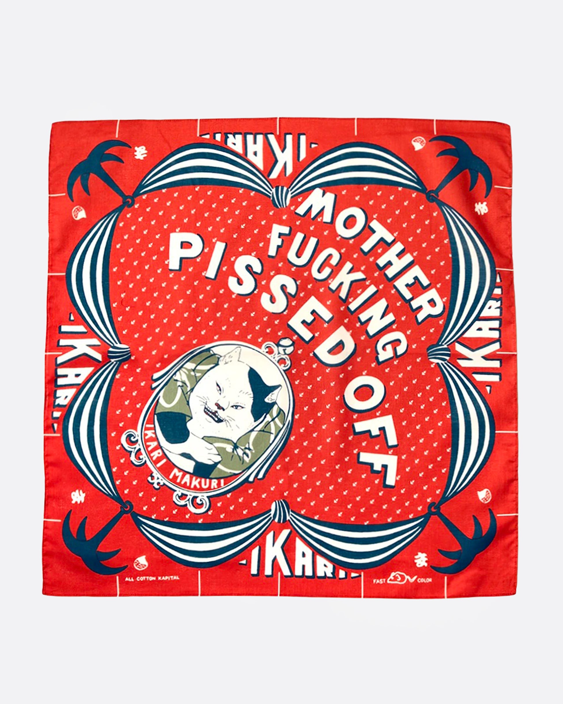 A red bandana with white text reading 'MOTHER FUCKING PISSED OFF', an image of a cat, and blue accents, shown from the front. 