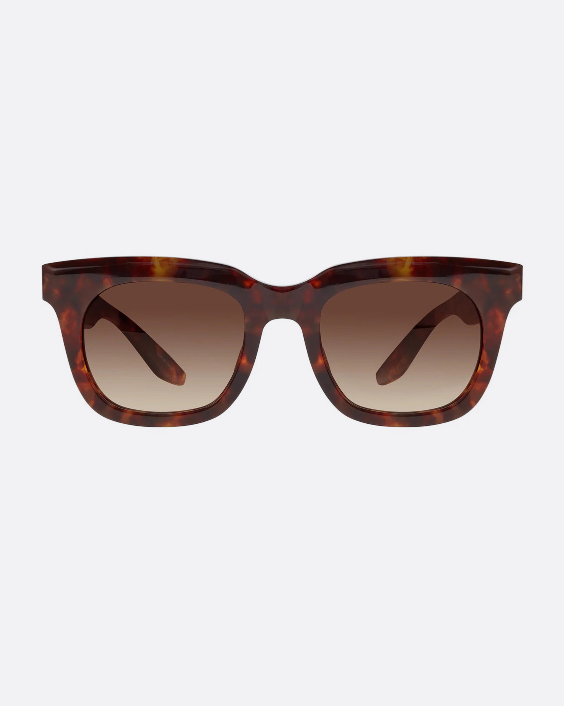 A pair of sunglasses with brown frames and brown gradient lenses. Shown from the front.