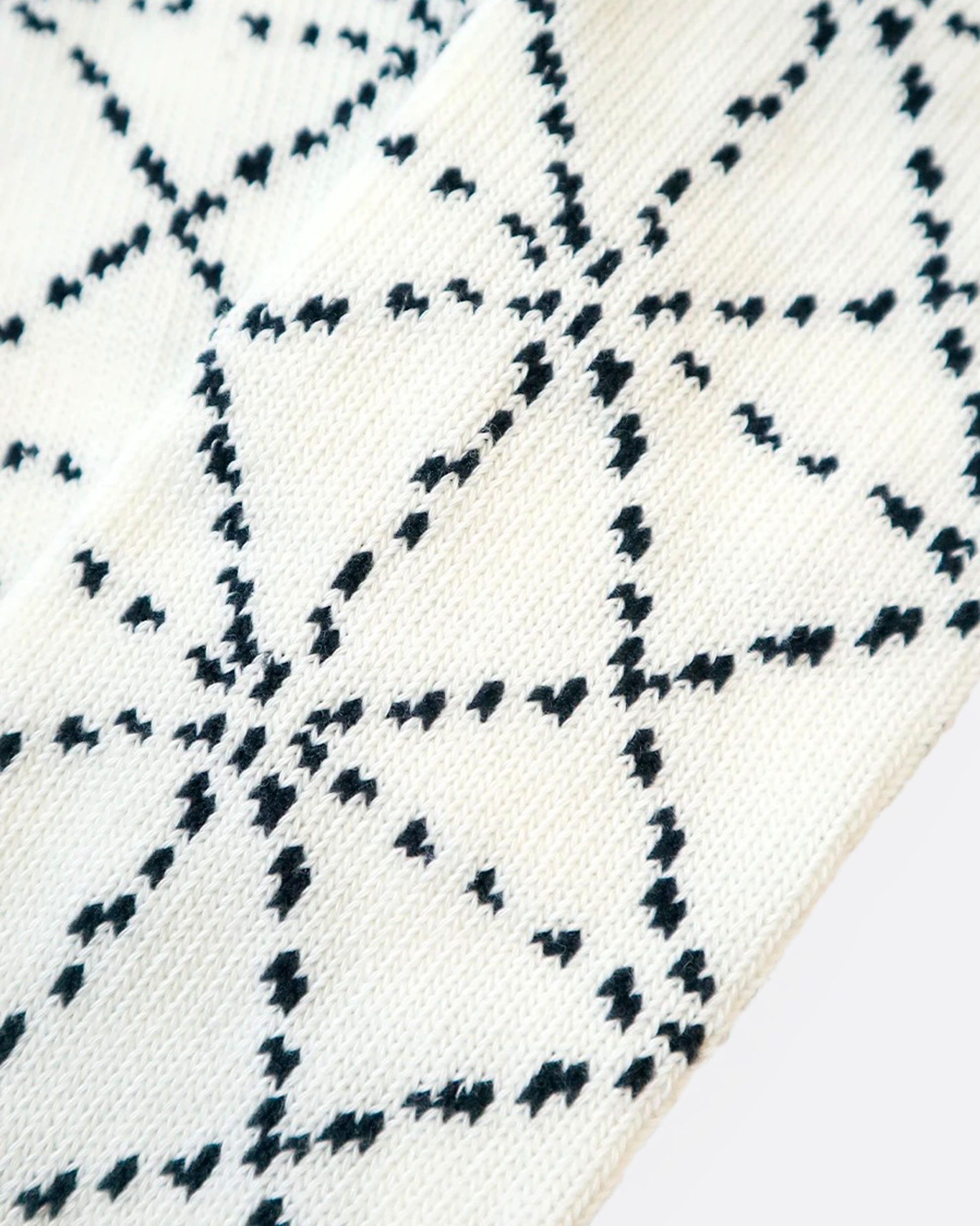 A close up of a white sock with a Japanese sashiko print.