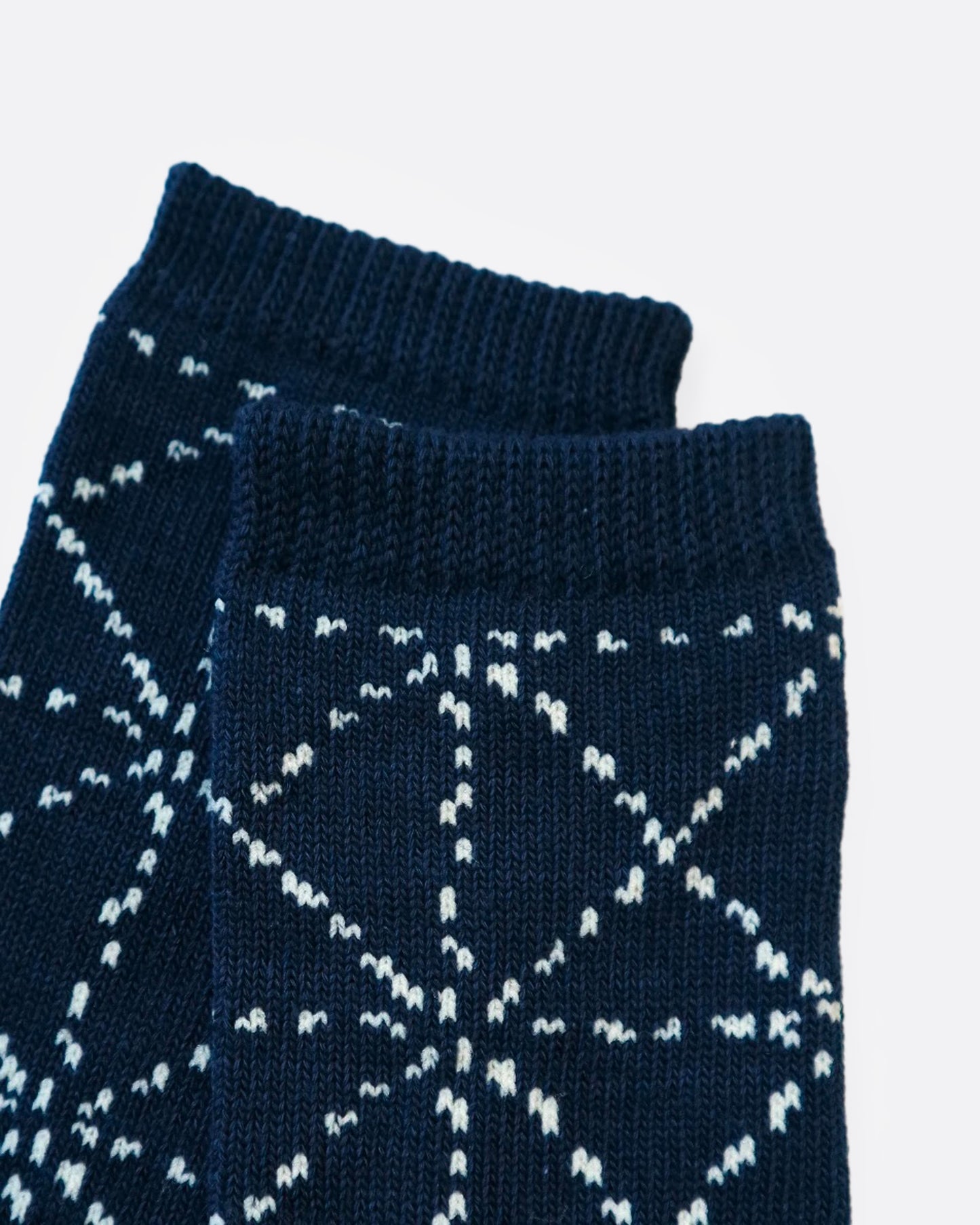 A close up of a pair of navy blue socks with a Japanese sashiko print.