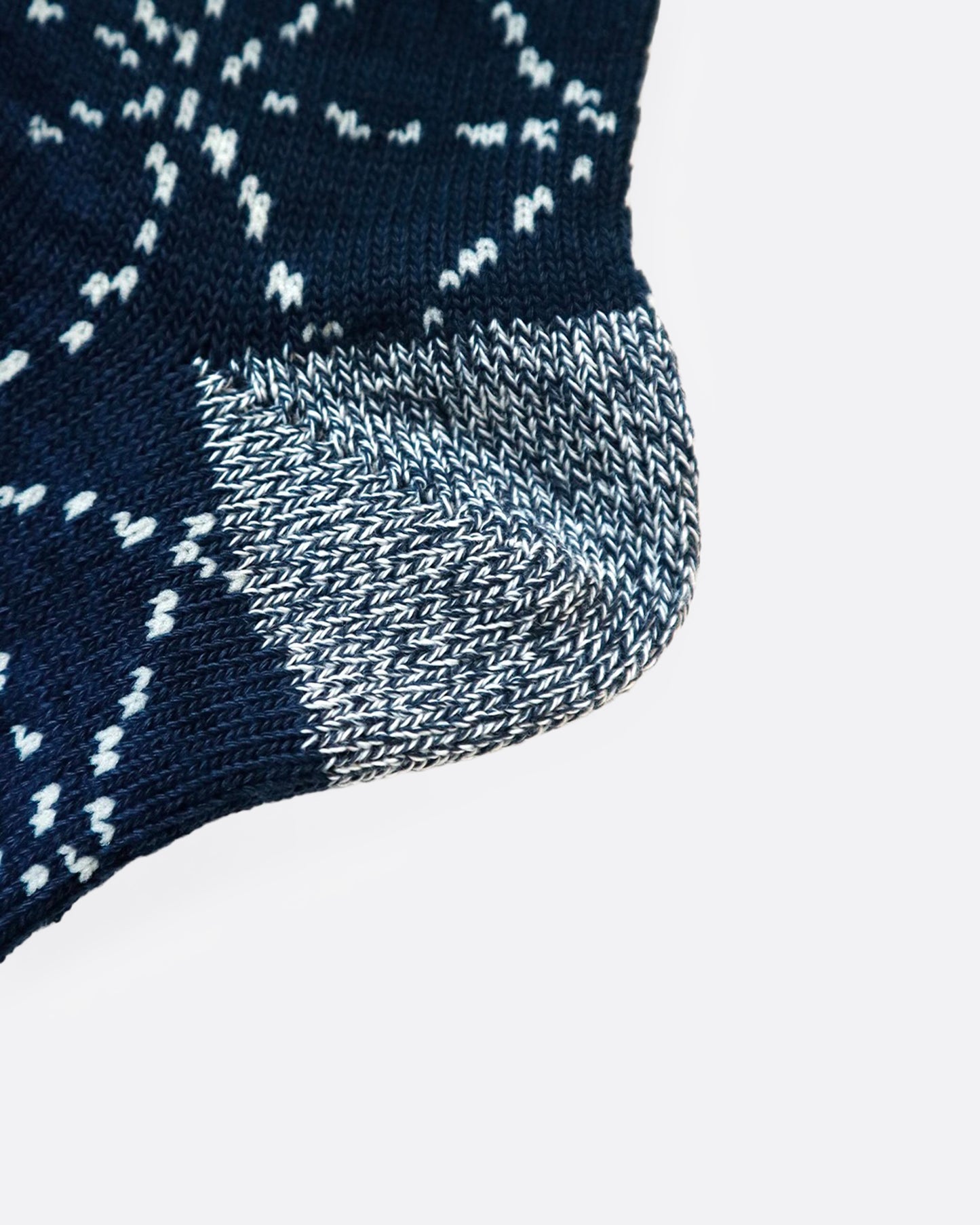 A close up of the heel of a navy blue sock with a Japanese sashiko print.