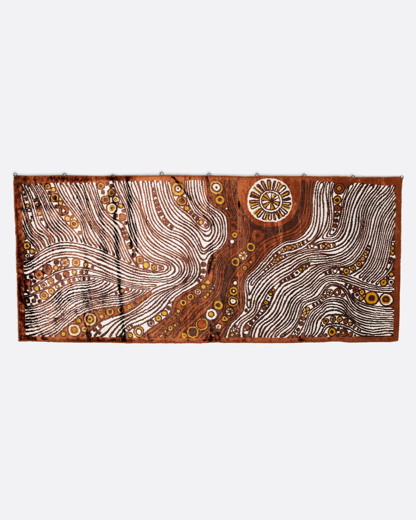 A unique Hungarian mid-century modern rug featuring organic white and brown lines intertwined with an array of orange and brown circles that look like treasures hidden among layers of rock