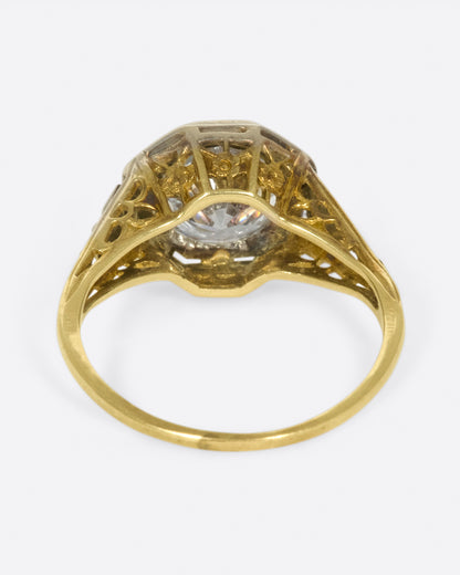 Vintage gold diamond ring, back view of the filigree gallery under the diamond