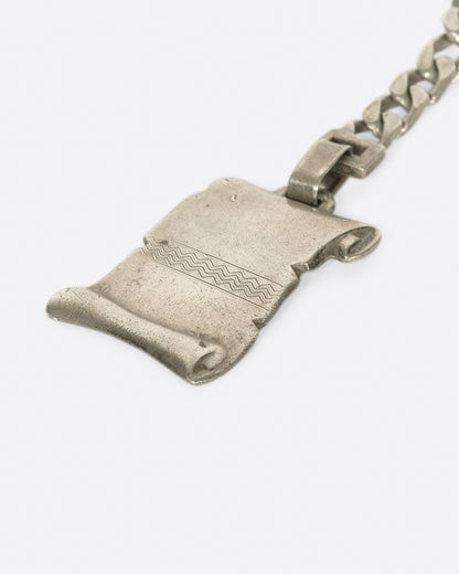 Vintage silver scroll keychain, close view of the scroll charm
