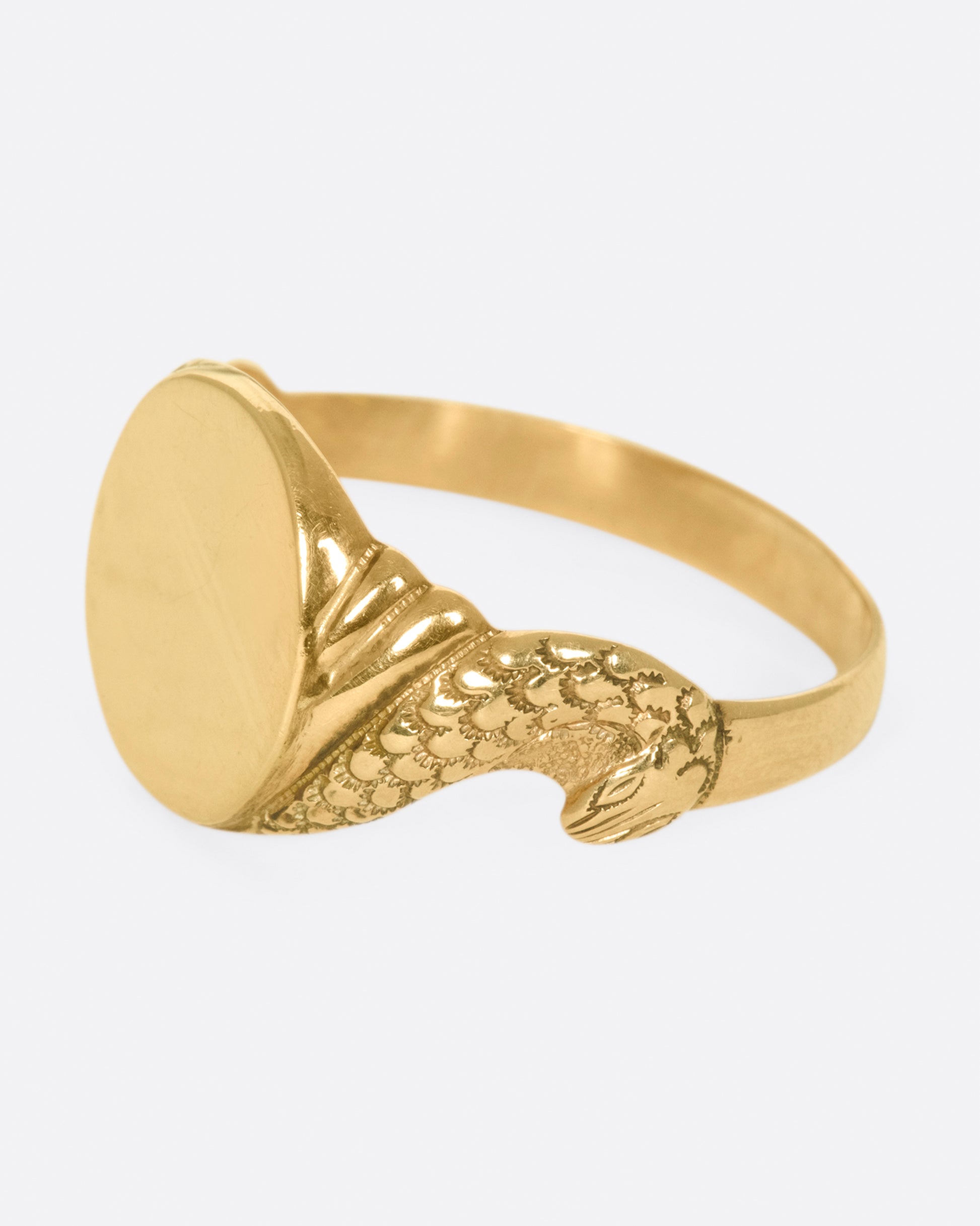 A classic, blank signet ring with carved snakes swirling around the band.