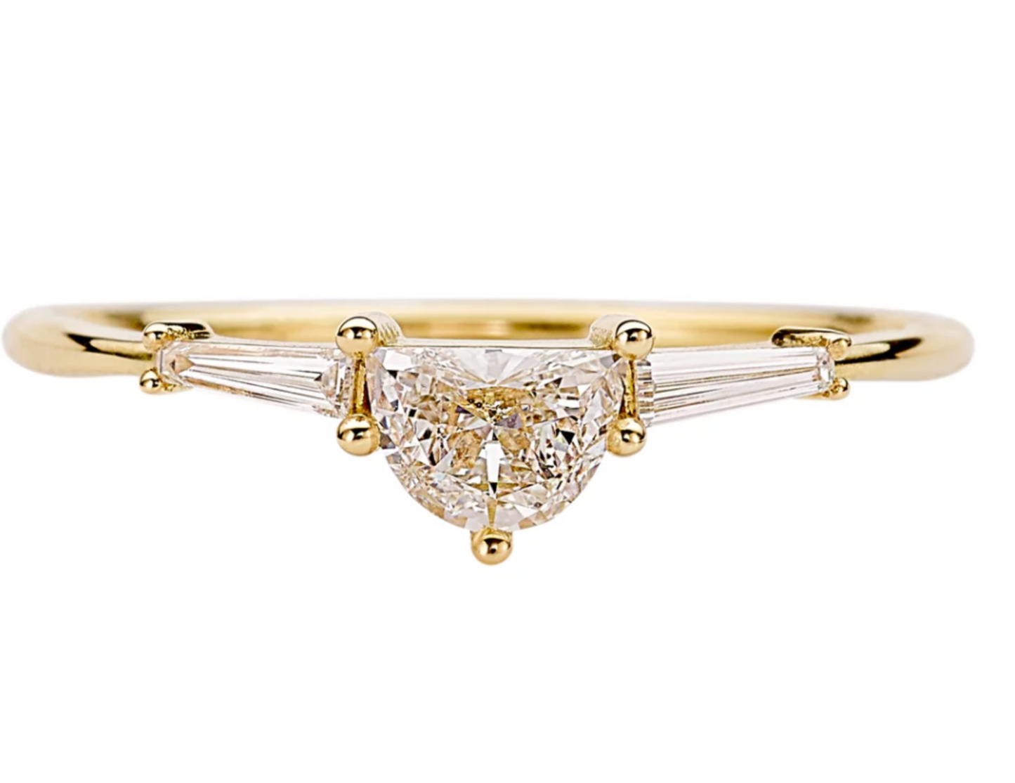 ARTEMER 18K YELLOW GOLD THREE STONE RING W/ HALF MOON AND TAPERED BAGUETTE CUT DIAMONDS (.3 TCW / E-G / VS) - SIZE 6