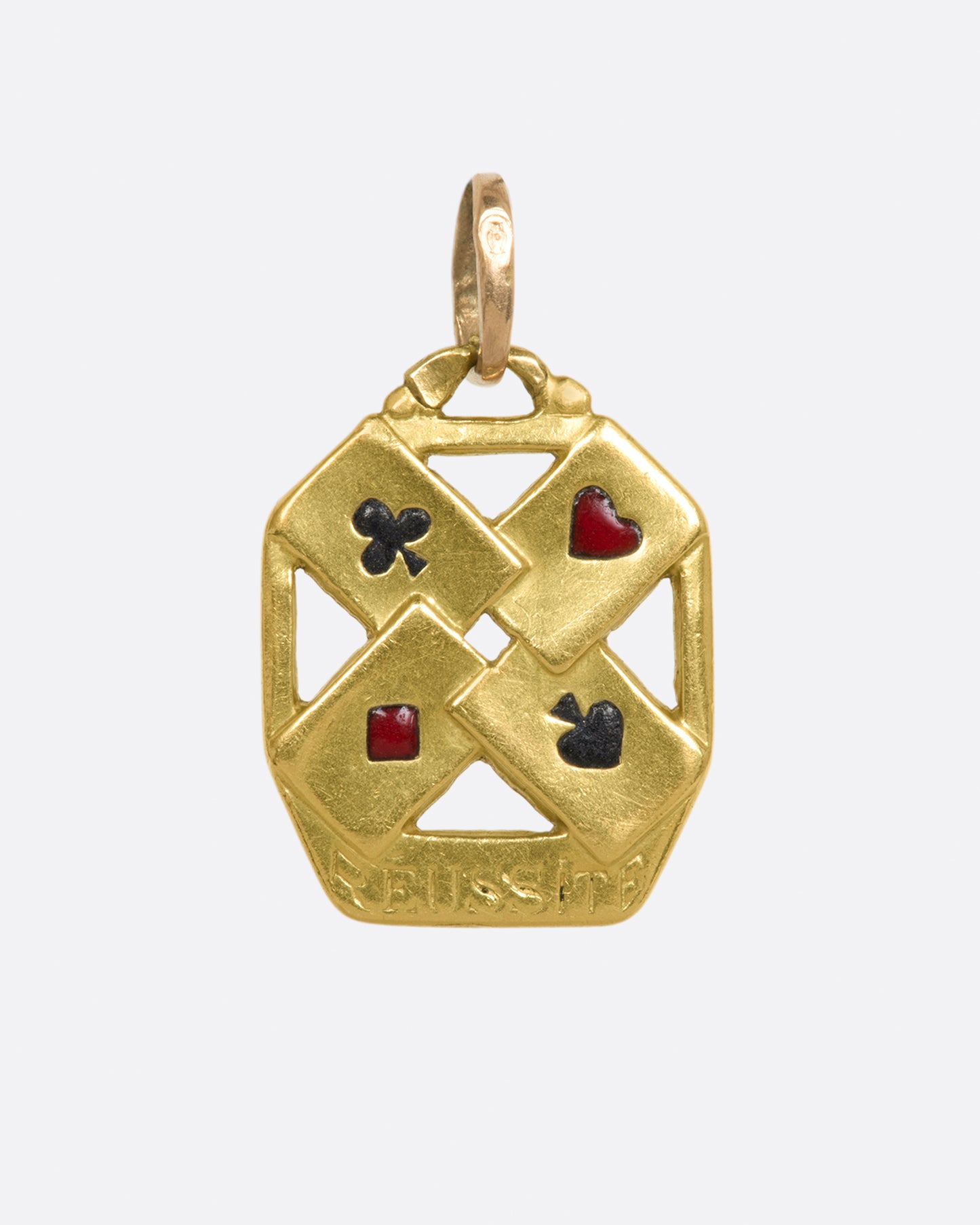 A yellow gold royal flush card charm. View from the front.