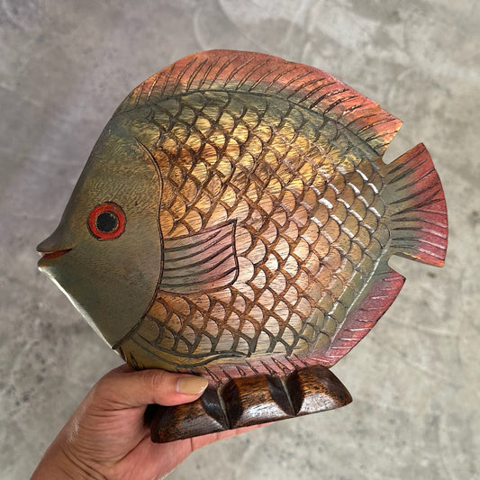 WOOD FISH STATUE - RED GREEN - 10 X 9 IN