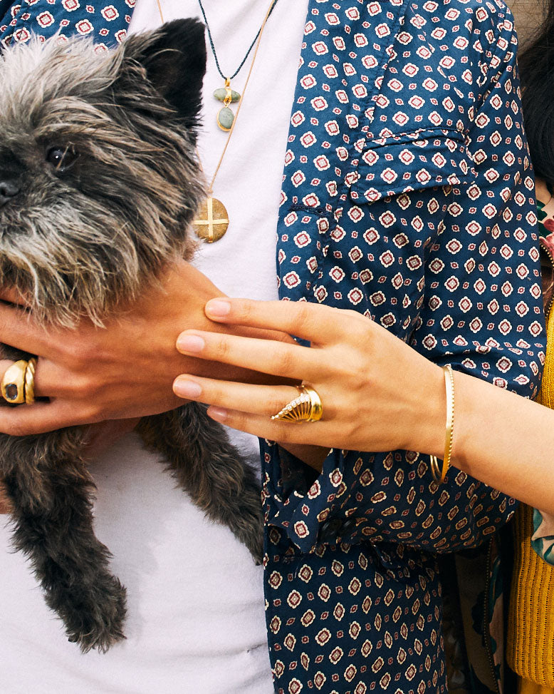 A yellow gold ring in the shape of a fan with diamonds along the top edge. Shown on a woman's hand, touching a man's hand as he is holding a small a dog. 