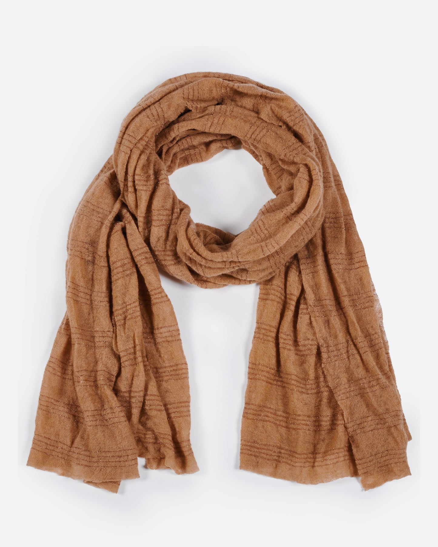 A cashmere, mocha-colored scarf with sparkly lurex stripes.