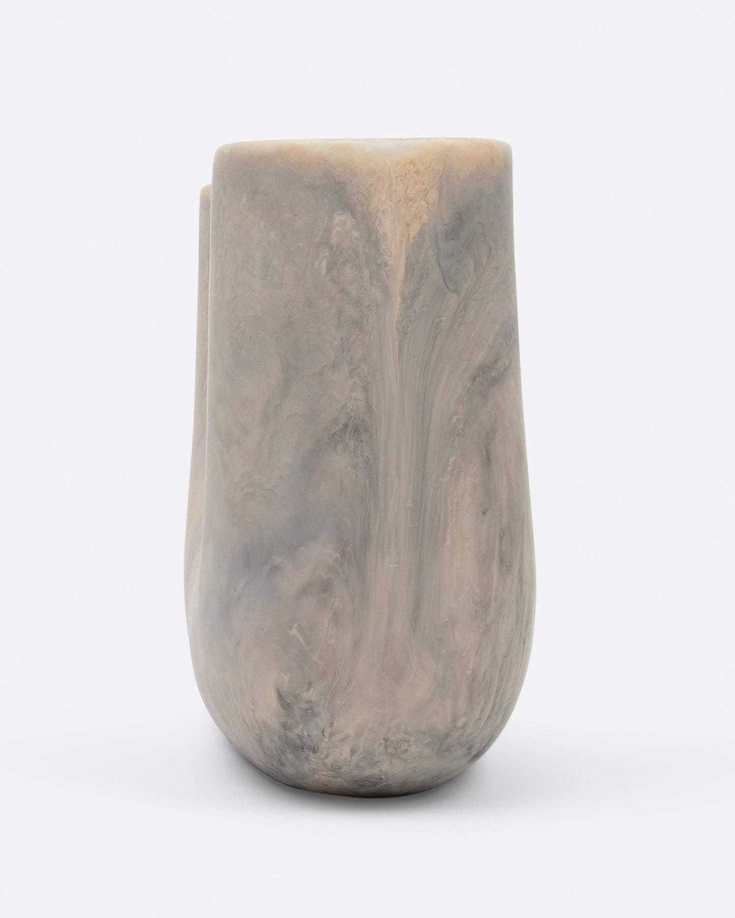 A swirled gray resin U-shaped vase with an opening on either side, shown from the side.