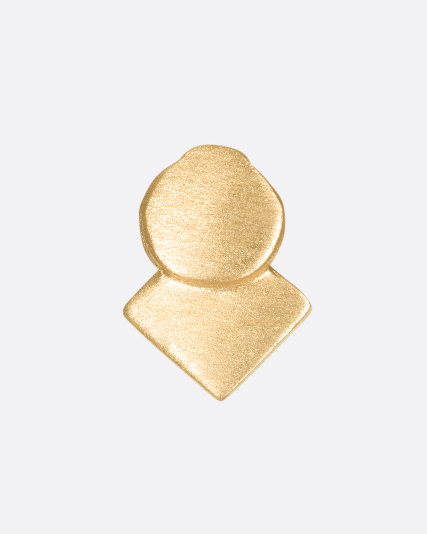 A yellow gold square stud earring with overlapping circle and matte finish.