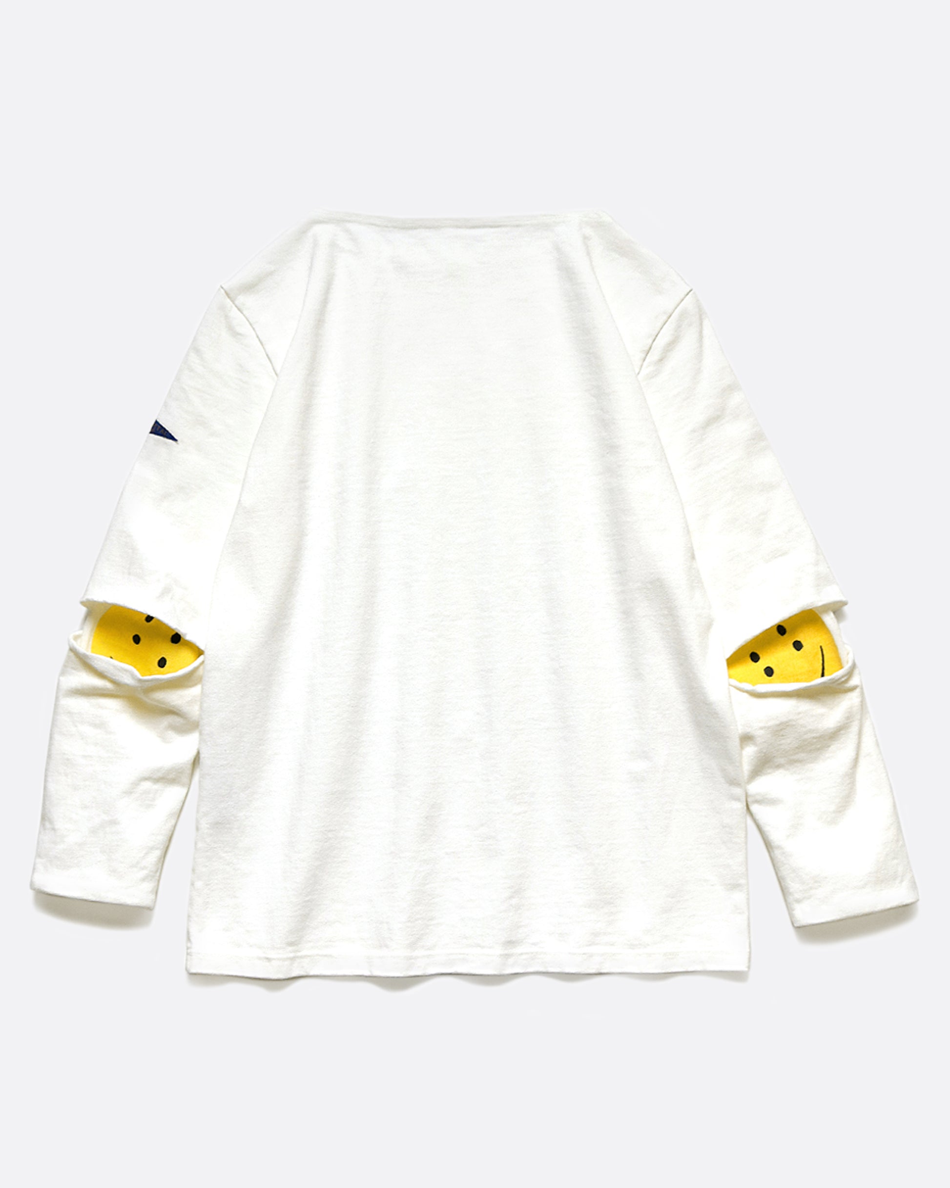 A dense jersey, long sleeve shirt with hidden smileys peeking out at the elbows.