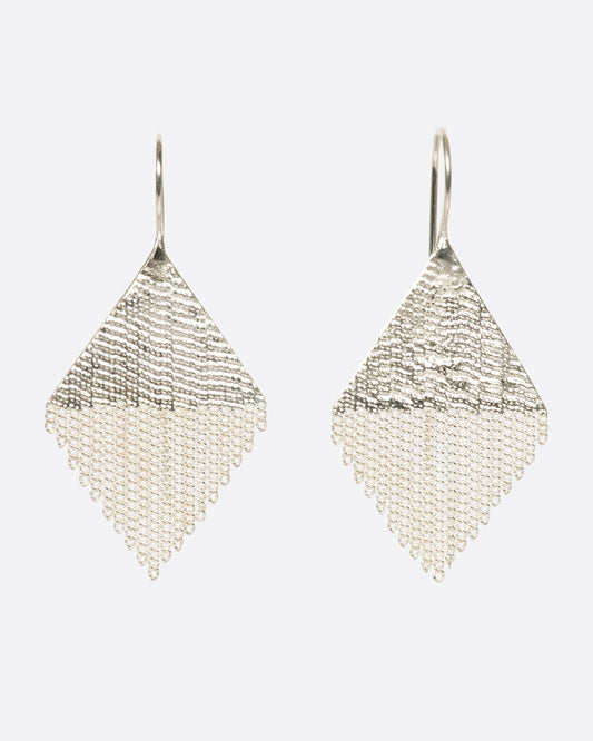 A pair of diamond shaped drop earrings made from sterling silver chains and silver solder. Shown from the front.