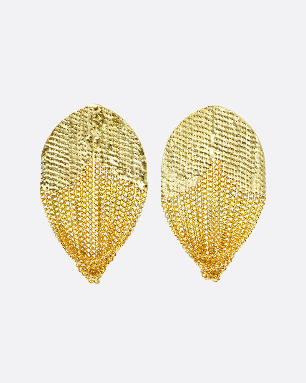 18k yellow gold tulip chain earrings with 14k yellow gold solder by Hannah Keefe, shown from the front.