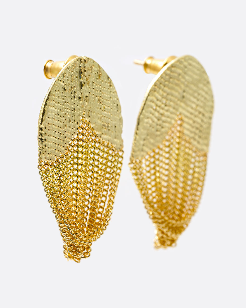 18k yellow gold tulip chain earrings with 14k yellow gold solder by Hannah Keefe, shown from the side.