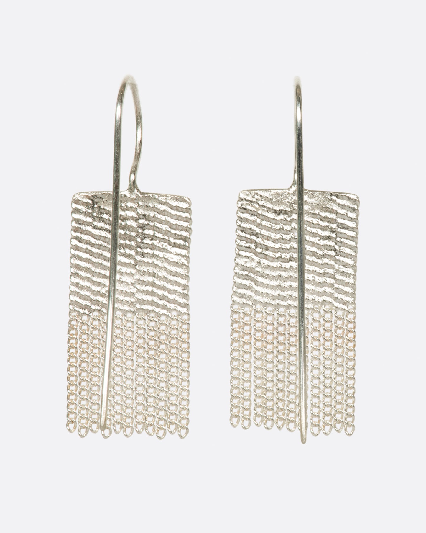  two silver earrings that are two squares stacked. the top square is solid and the bottom one is chains. there are silver hooks attached to the top.