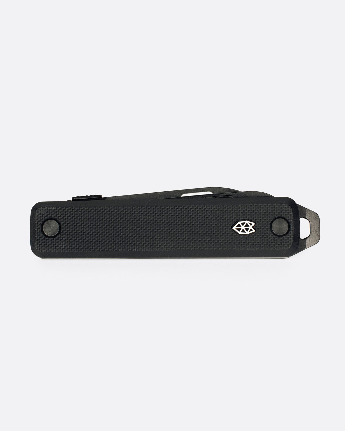 An all black pocket knife with a scissor attachment, shown closed.