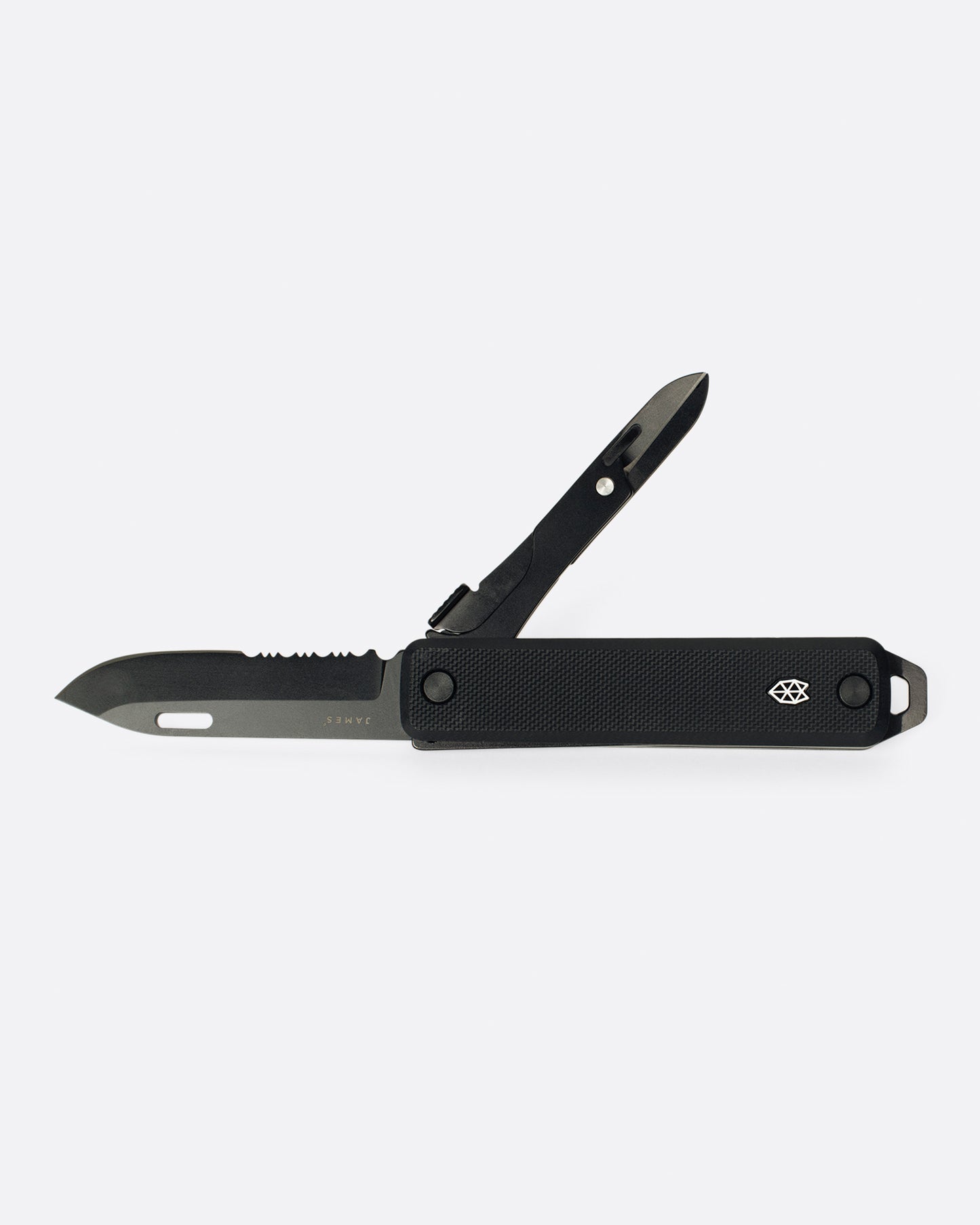 An all black pocket knife with a scissor attachment, shown open.