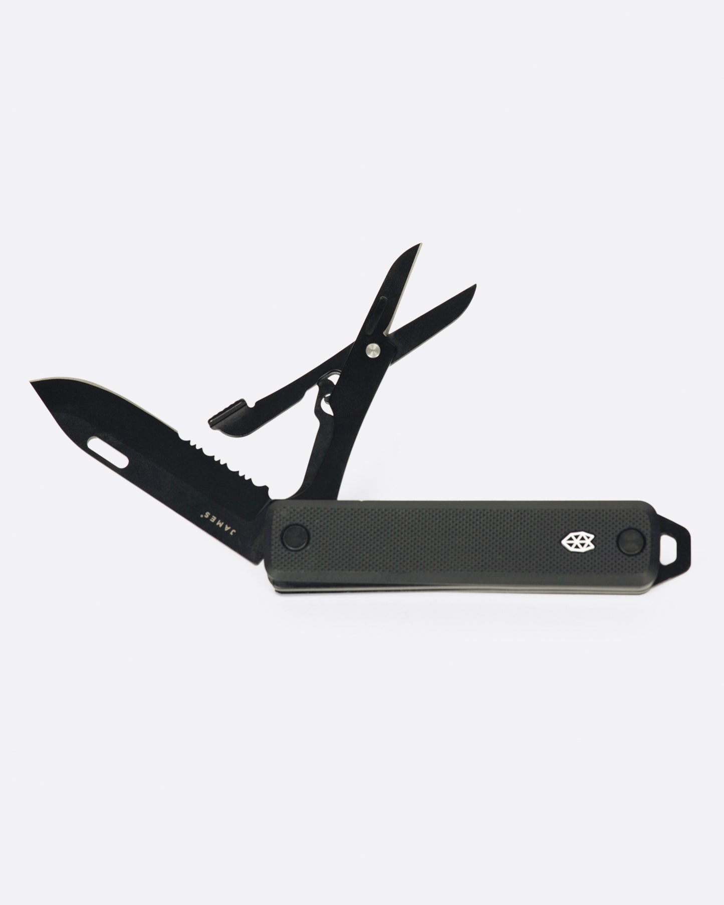 An all black pocket knife with a scissor attachment, shown open.