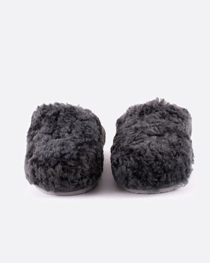 A pair of Jenny sheepskin slippers in charcoal gray, shown from the front.