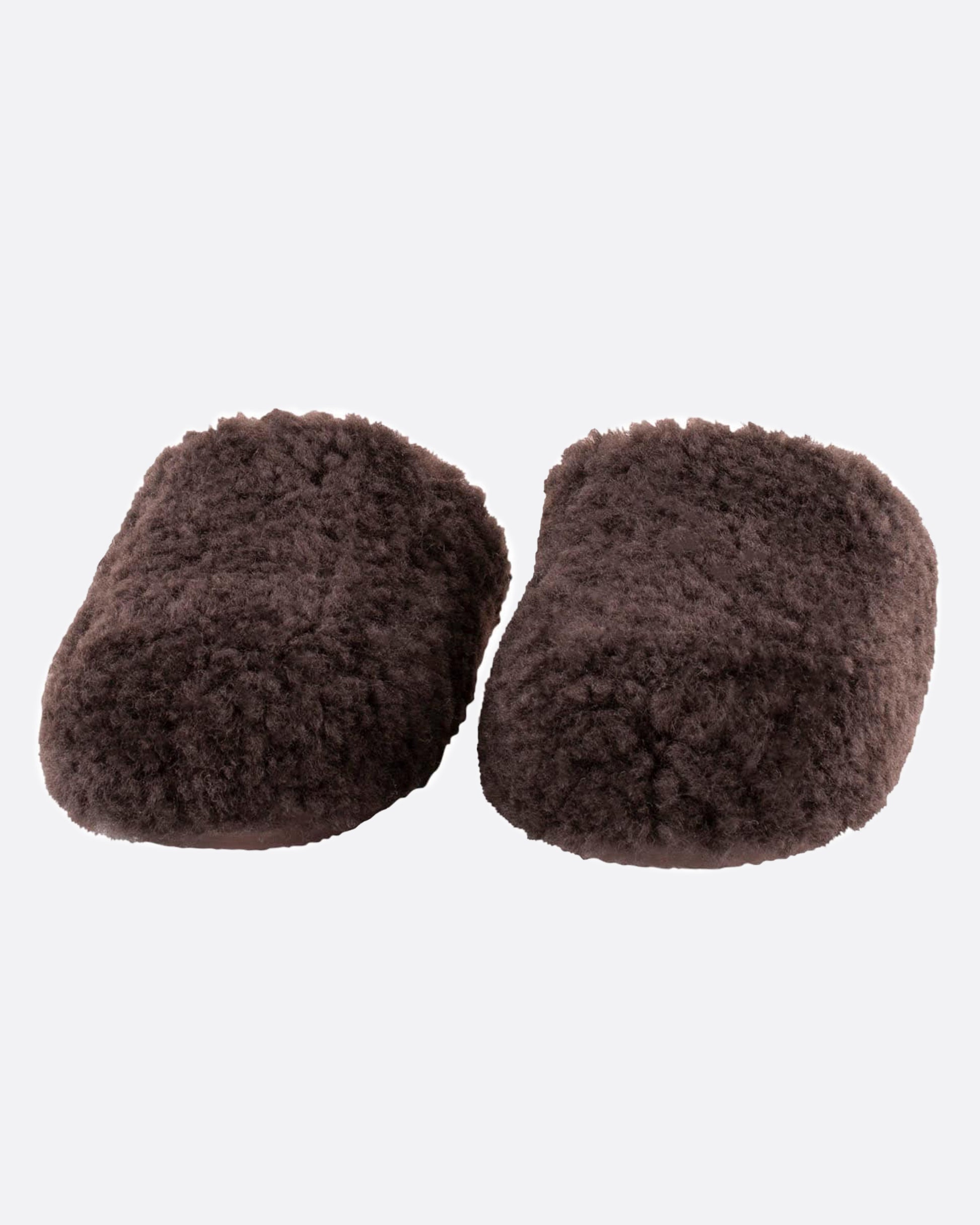 Dark brown sheepskin slipper, shown from the front.