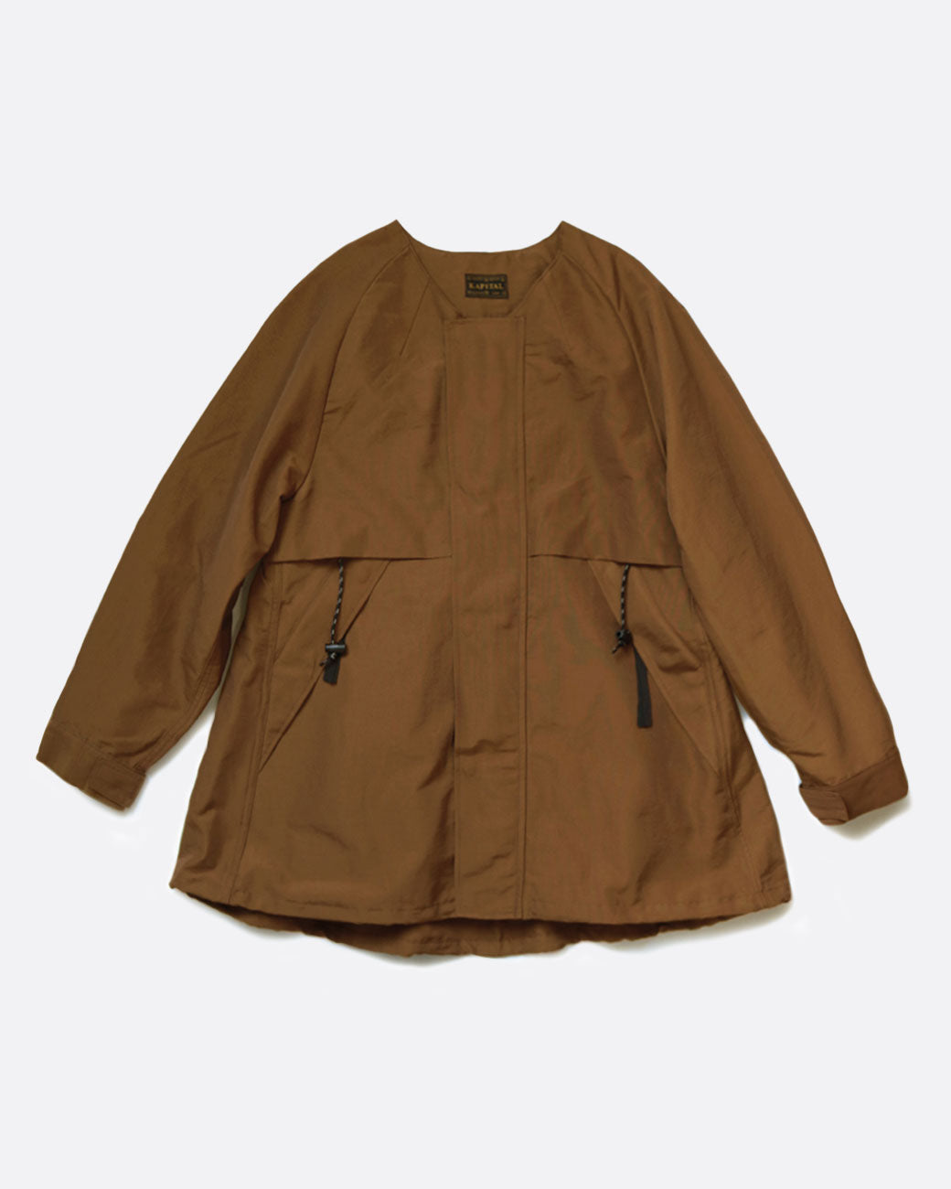 A brown parka with a zipper front and black toggles. Shown closed from the front.